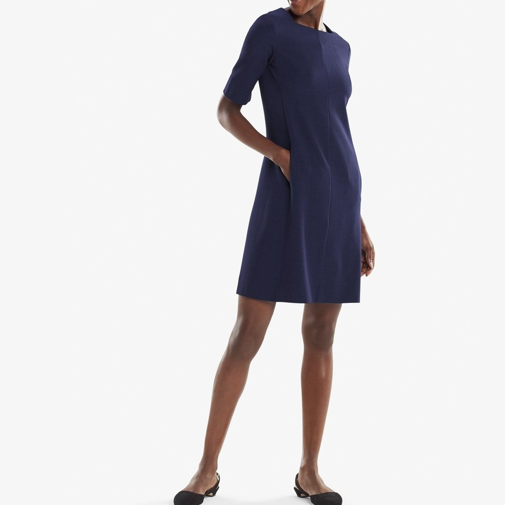 MM.LaFleur Emily Dress Size 12 Navy Blue Square Neck A-Line Pockets Professional